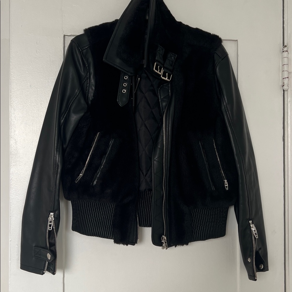 Black faux Leather and Fur Jacket